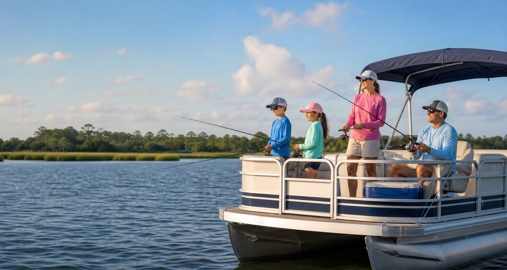 Family fishing from a pontoon boat on a Northeast Florida waterway