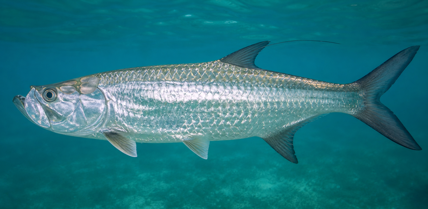 Atlantic tarpon showing large silver scales and trailing dorsal filament
