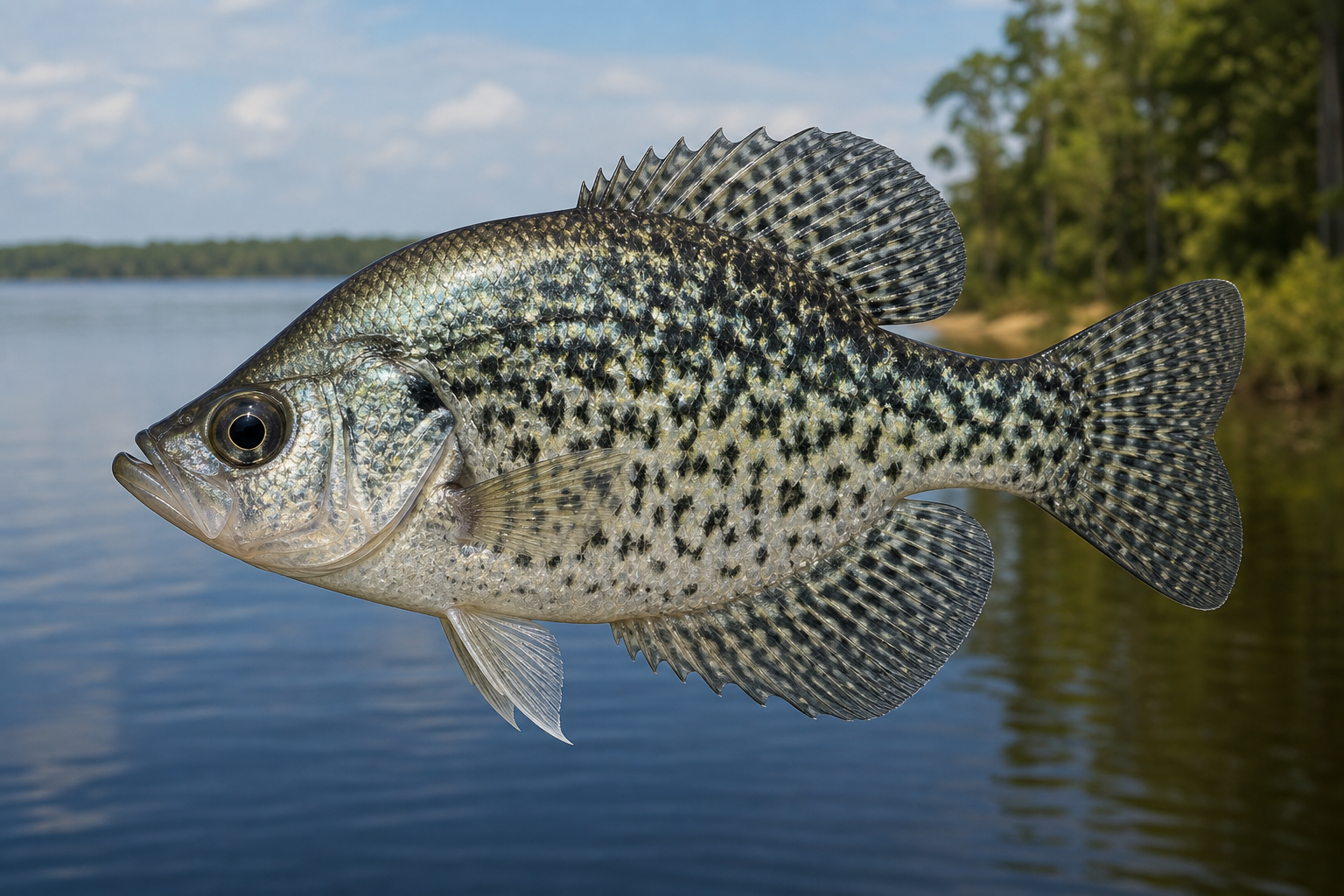 Black crappie showing its compressed body and irregular dark speckles