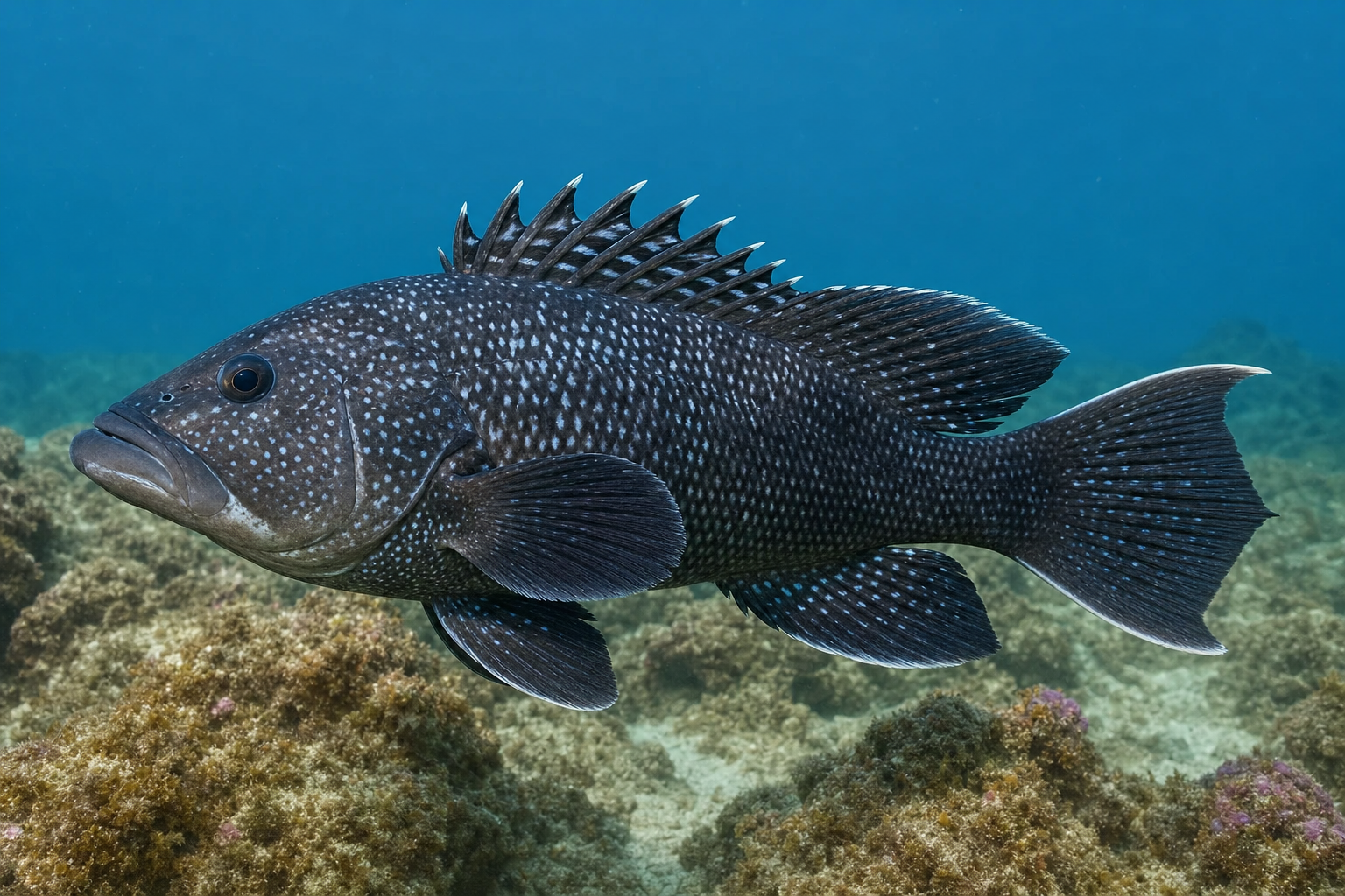Black sea bass showing a stout dark body, pale flecks, and a long spiny dorsal fin