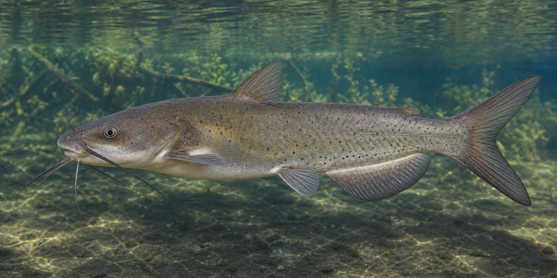 Channel catfish showing black body spots and a deeply forked tail