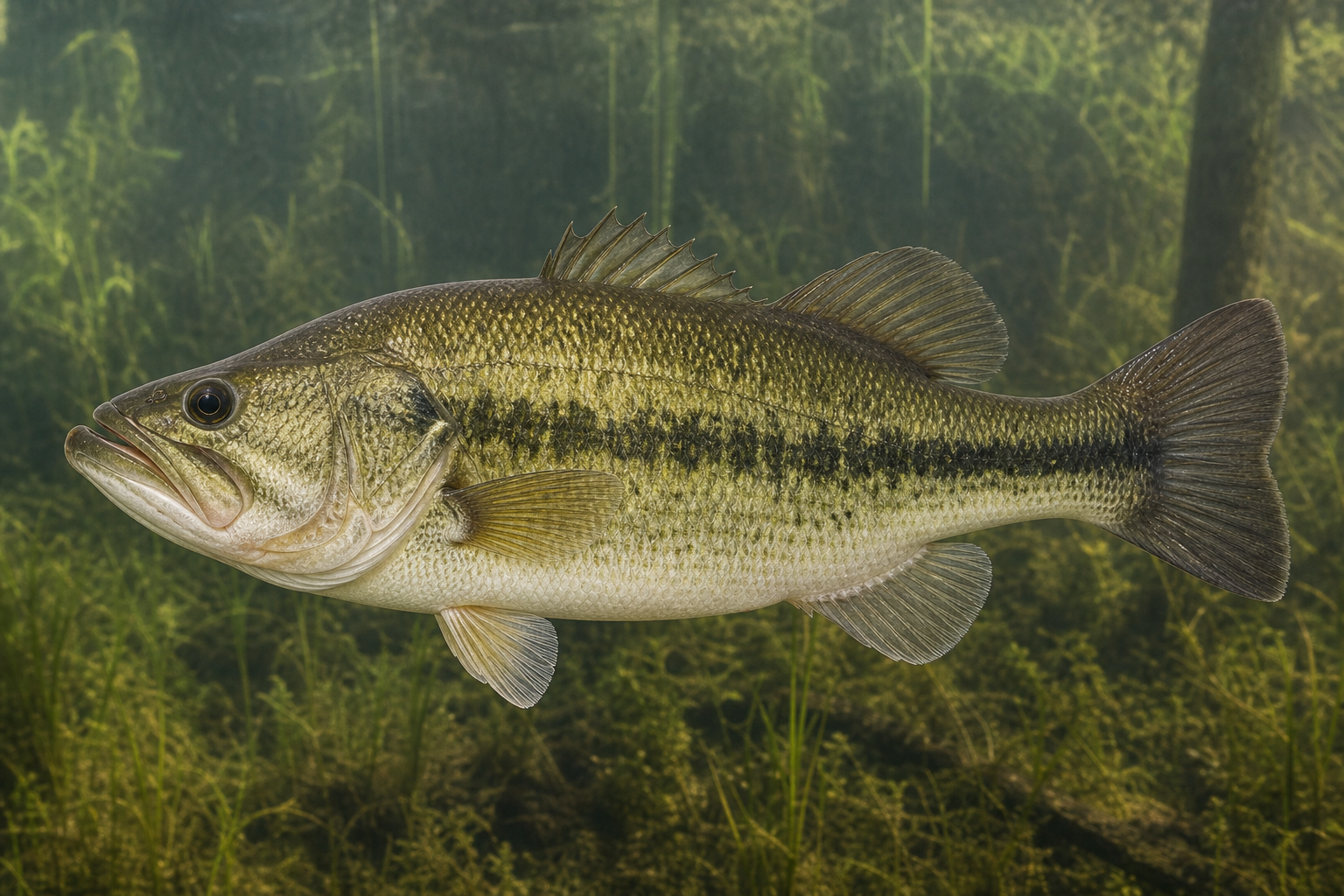 Florida bass showing a green body and dark horizontal side stripe
