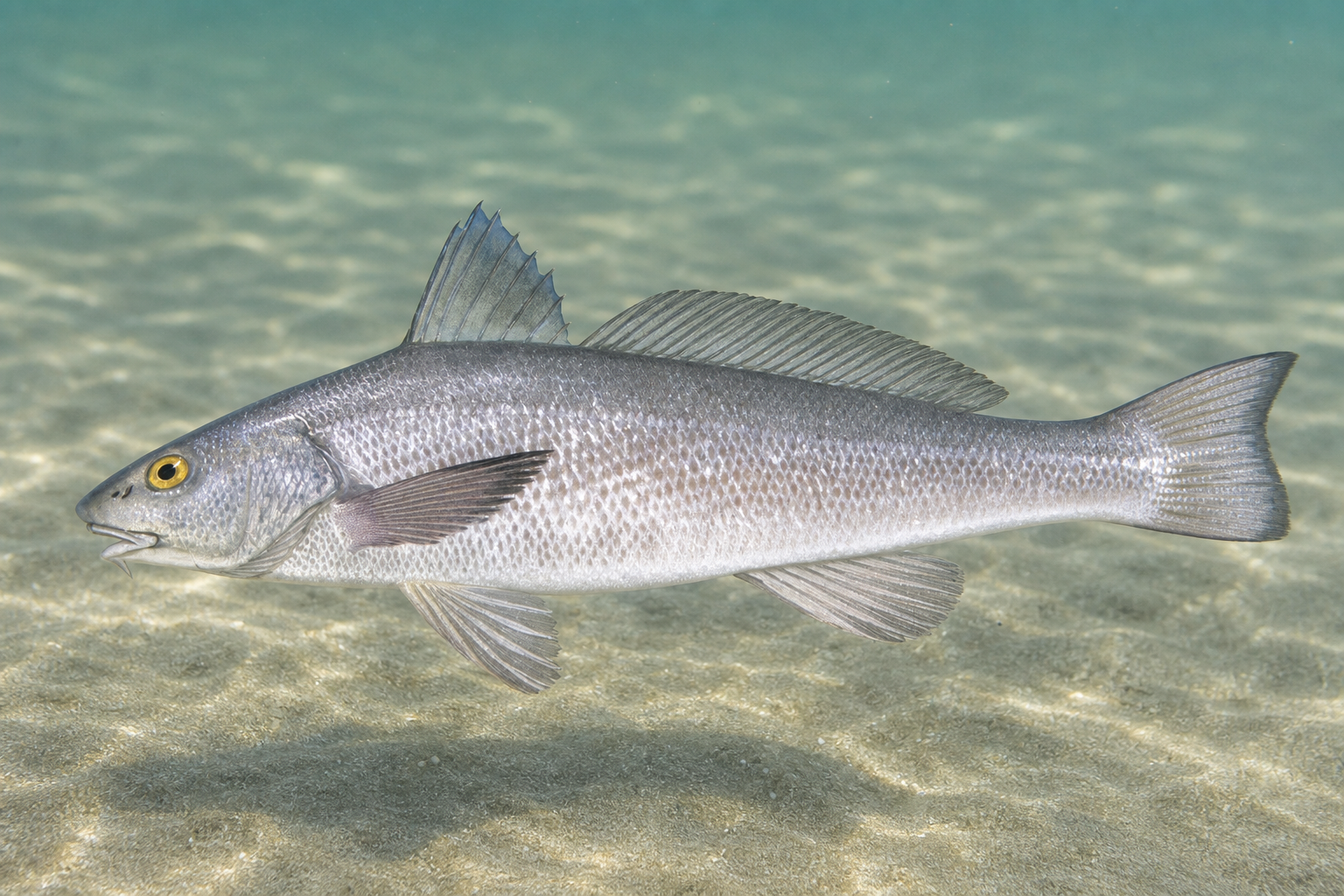 Gulf kingfish whiting showing a clean silver body, chin barbel, and short first dorsal fin