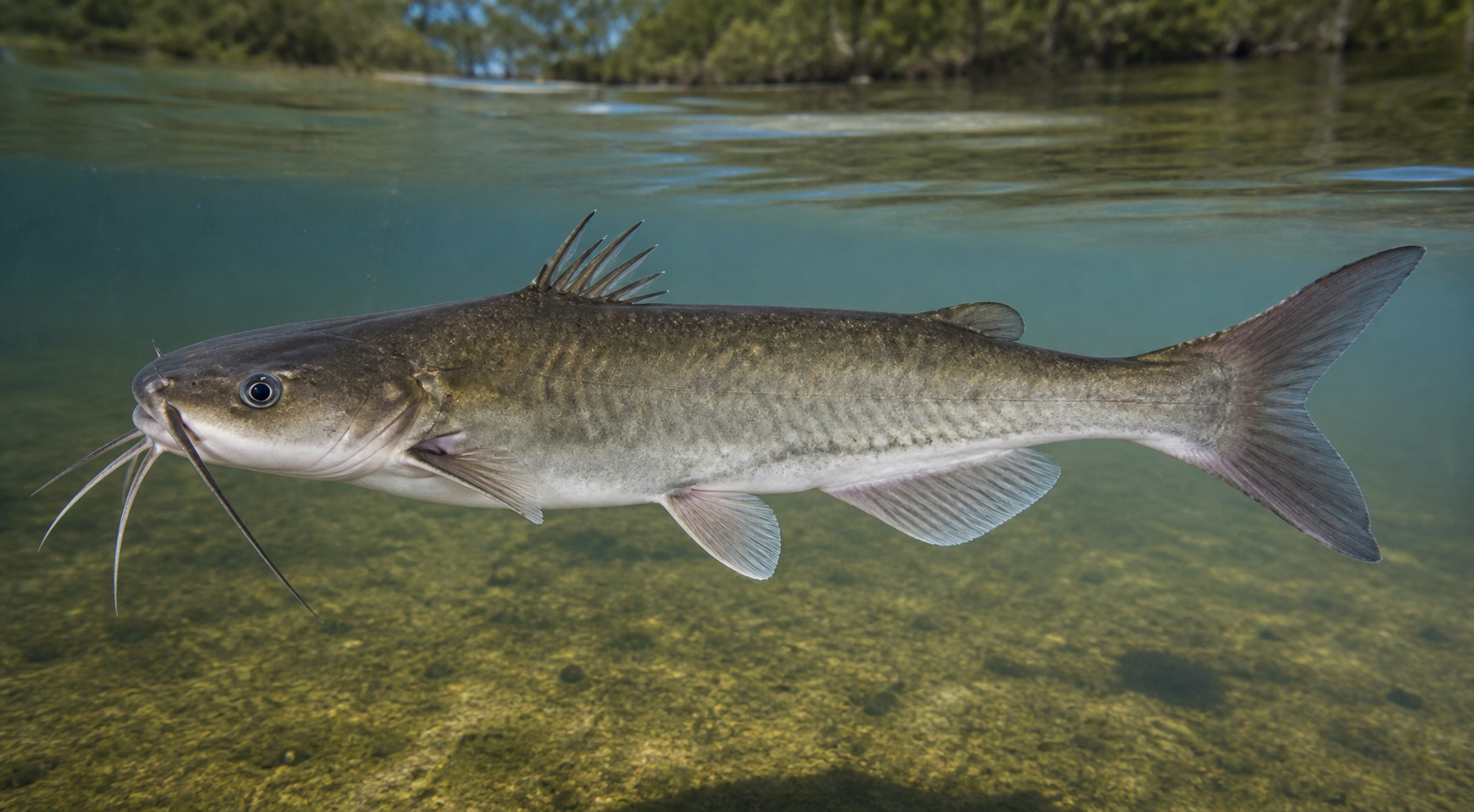 Hardhead catfish showing four chin barbels and short fin spines