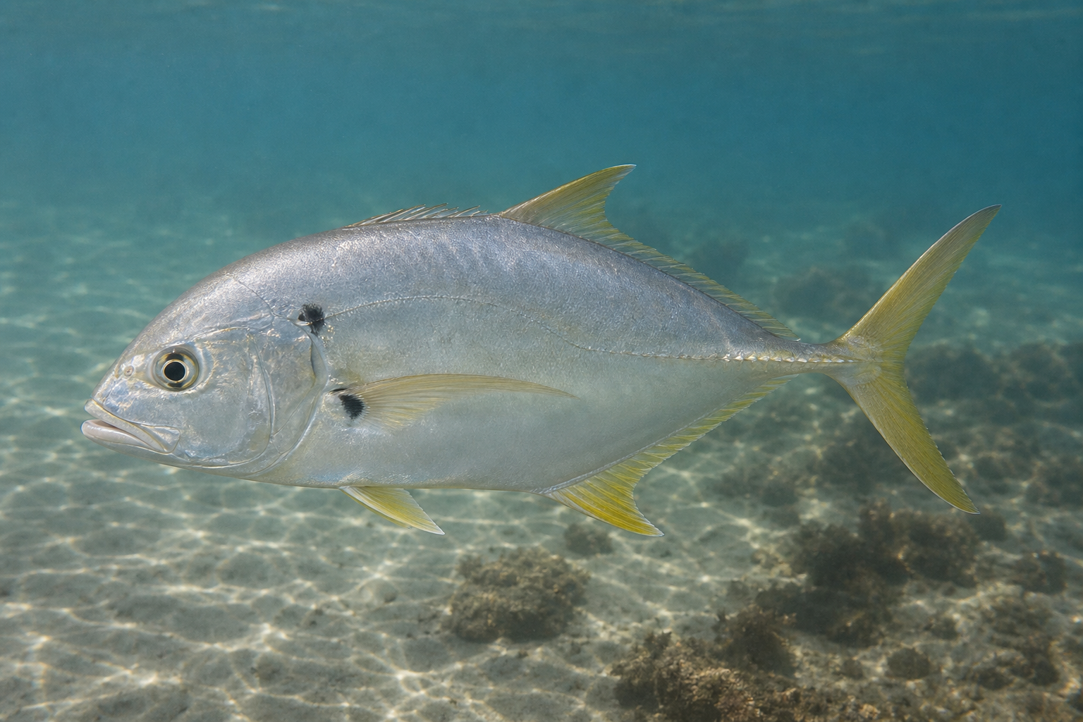 Jack crevalle showing a deep silver body, black gill spot, and forked yellow tail