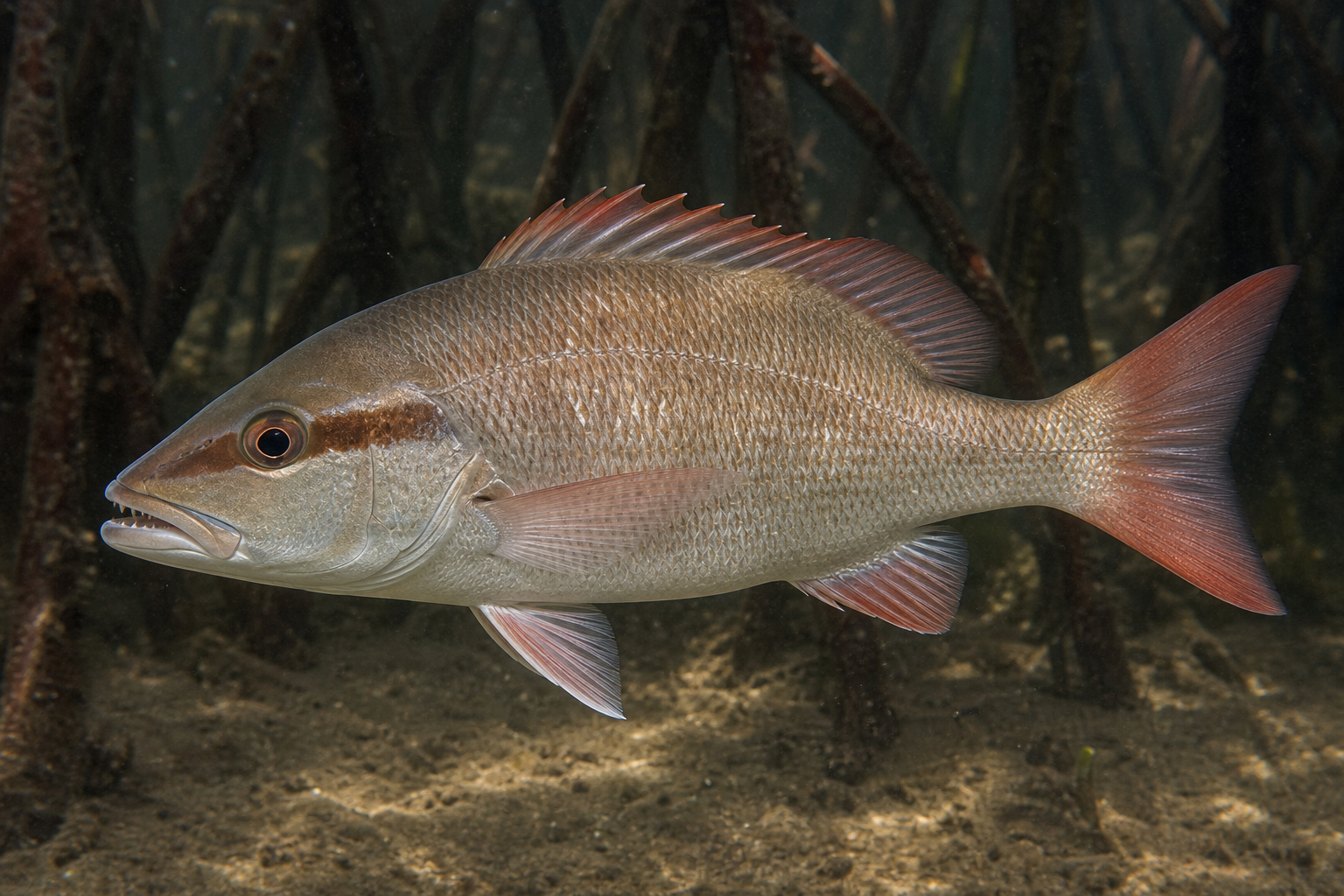 Mangrove snapper showing an olive-gray body, eye stripe, reddish fins, and canine teeth