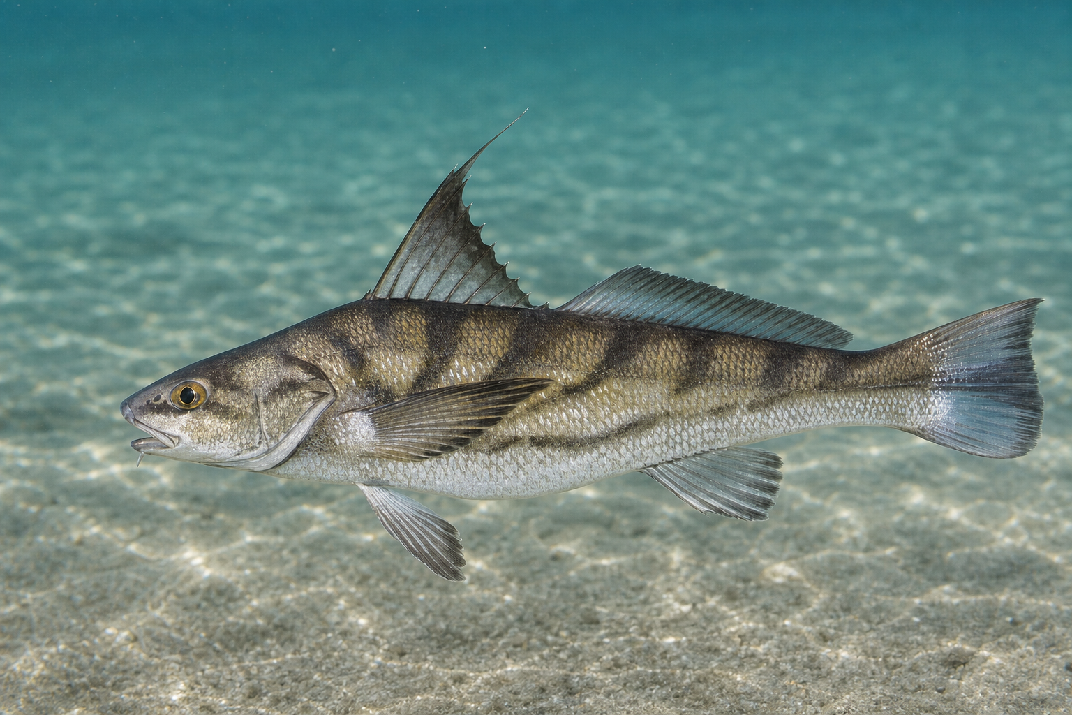 Northern kingfish whiting showing a V-shaped shoulder marking