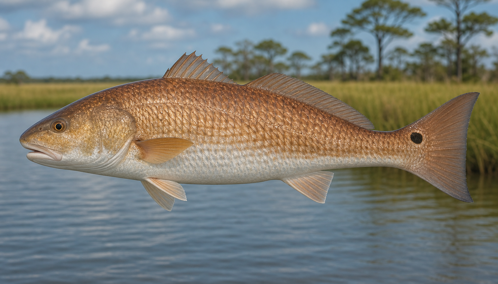 Red drum showing its bronze body and black tail spot