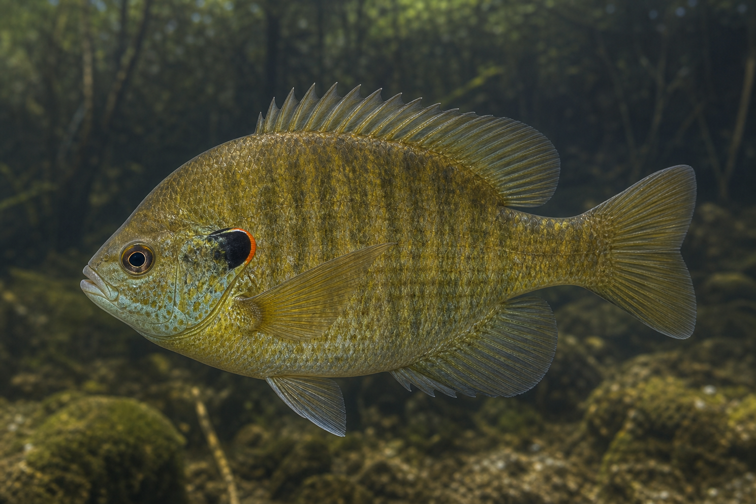 Redear sunfish showing a red-edged black ear flap
