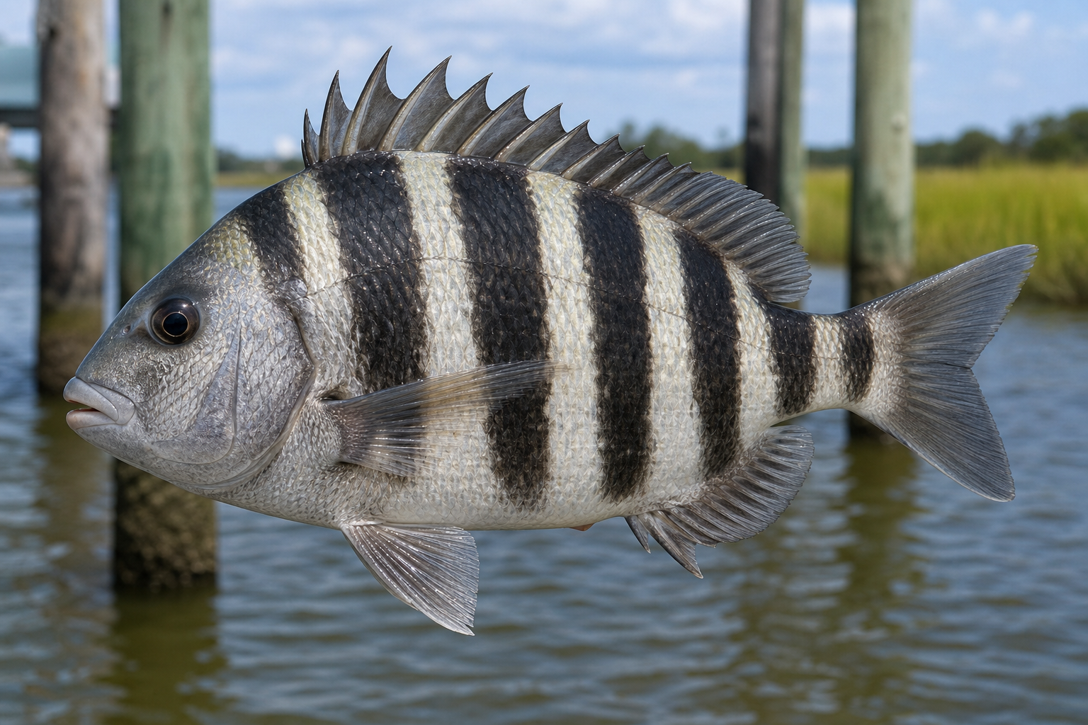 Sheepshead fish showing bold vertical black bars and human-like front teeth