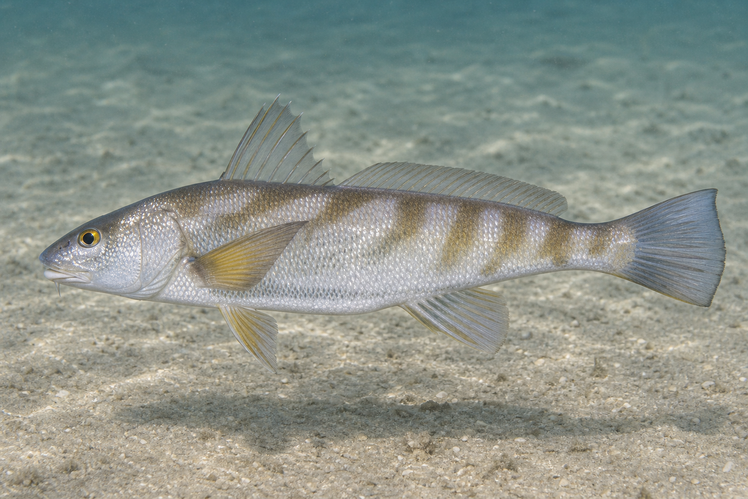 Southern kingfish whiting with faint diagonal blotches and a chin barbel