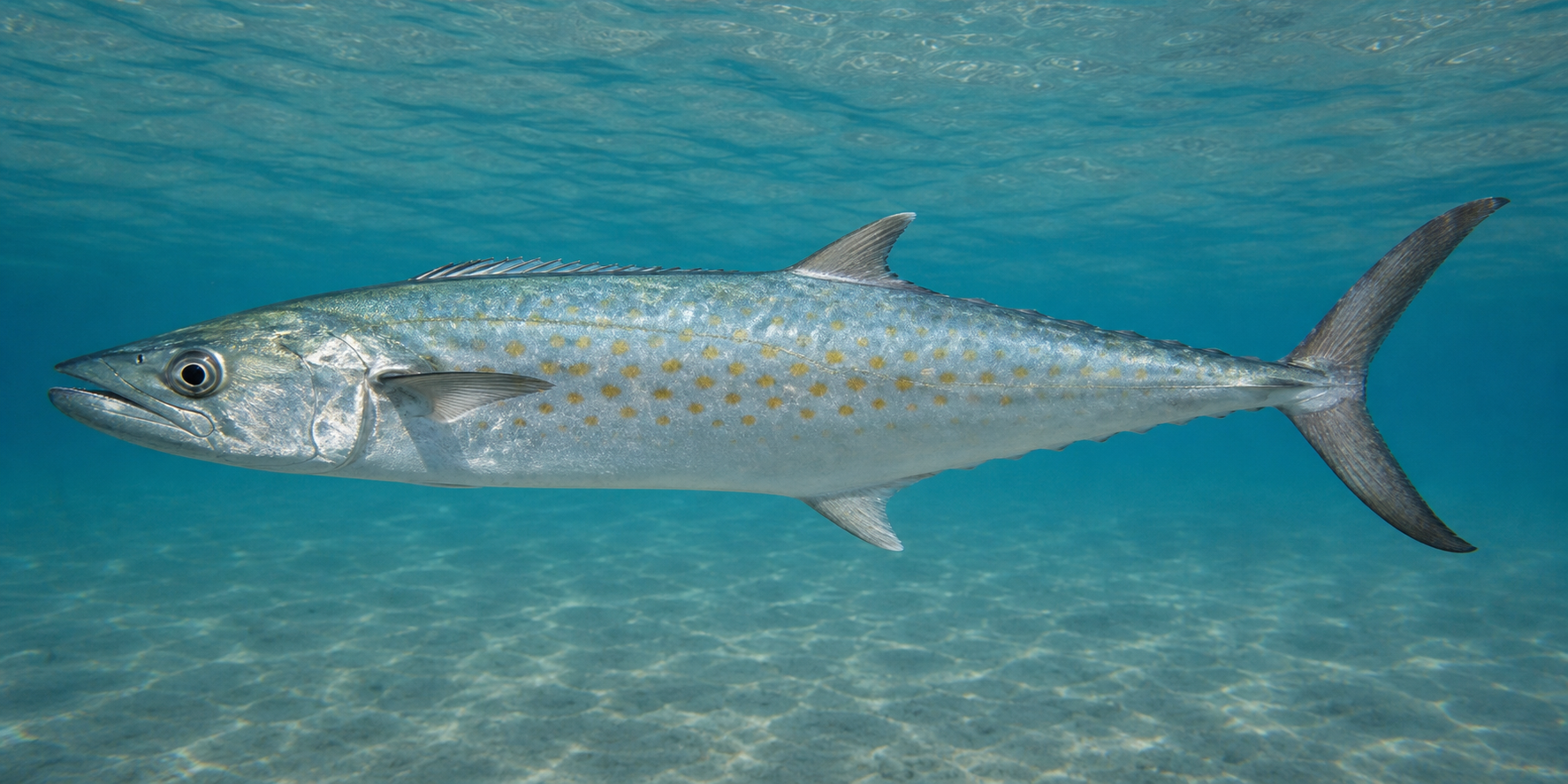 Spanish mackerel showing golden spots on a slender silver body