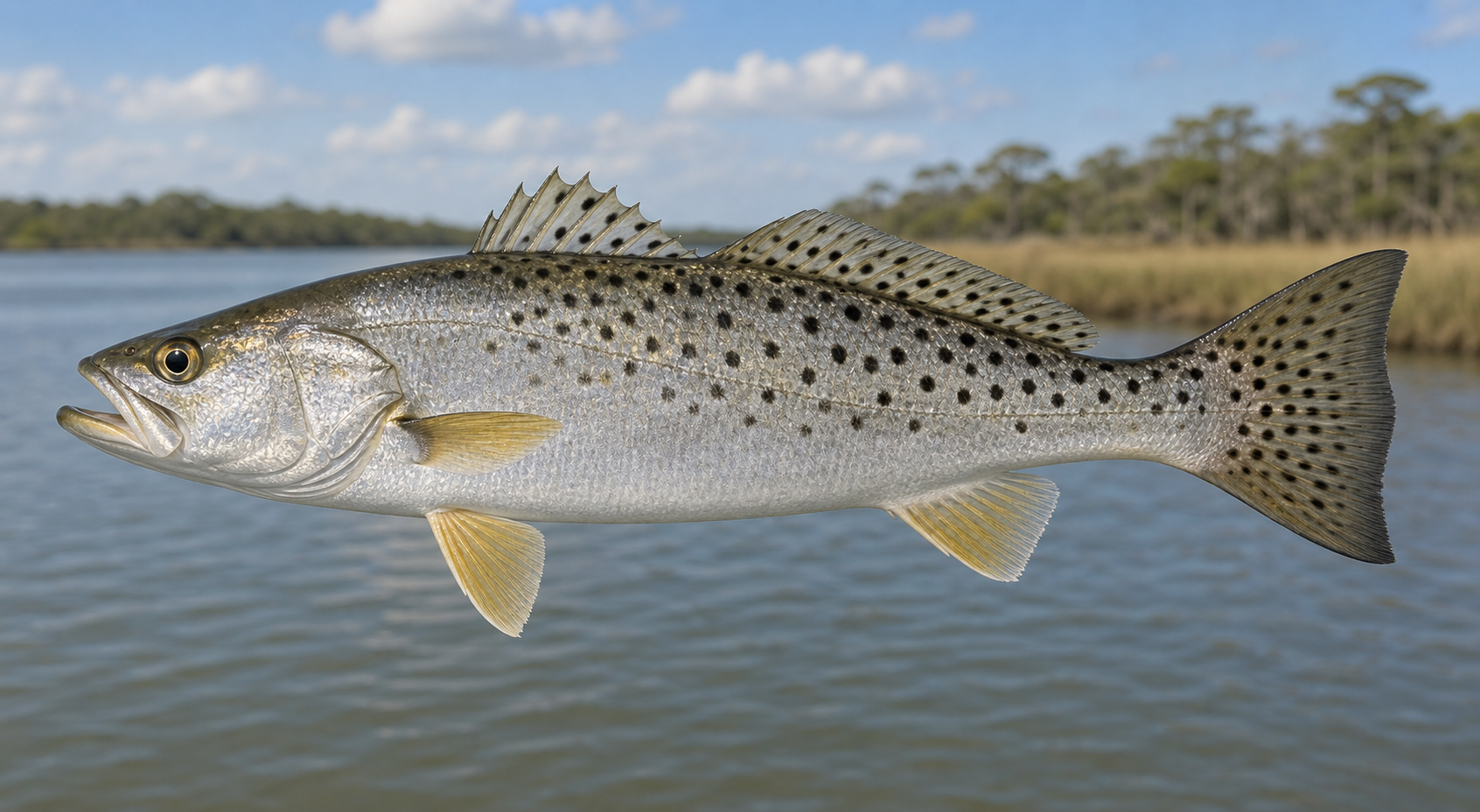 Spotted seatrout showing dark spots across its back, fins, and tail