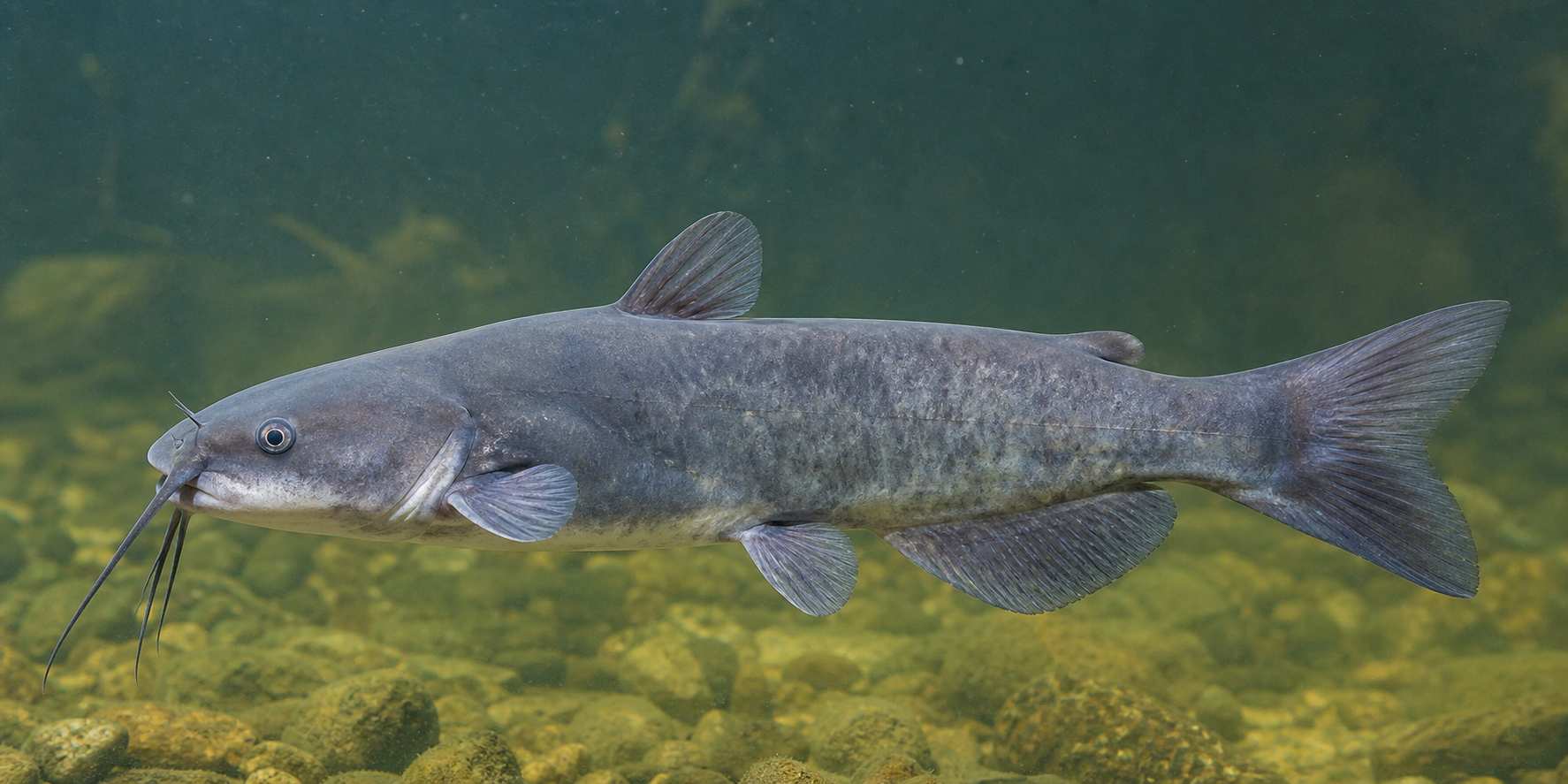 White catfish showing a broad head and moderately forked tail
