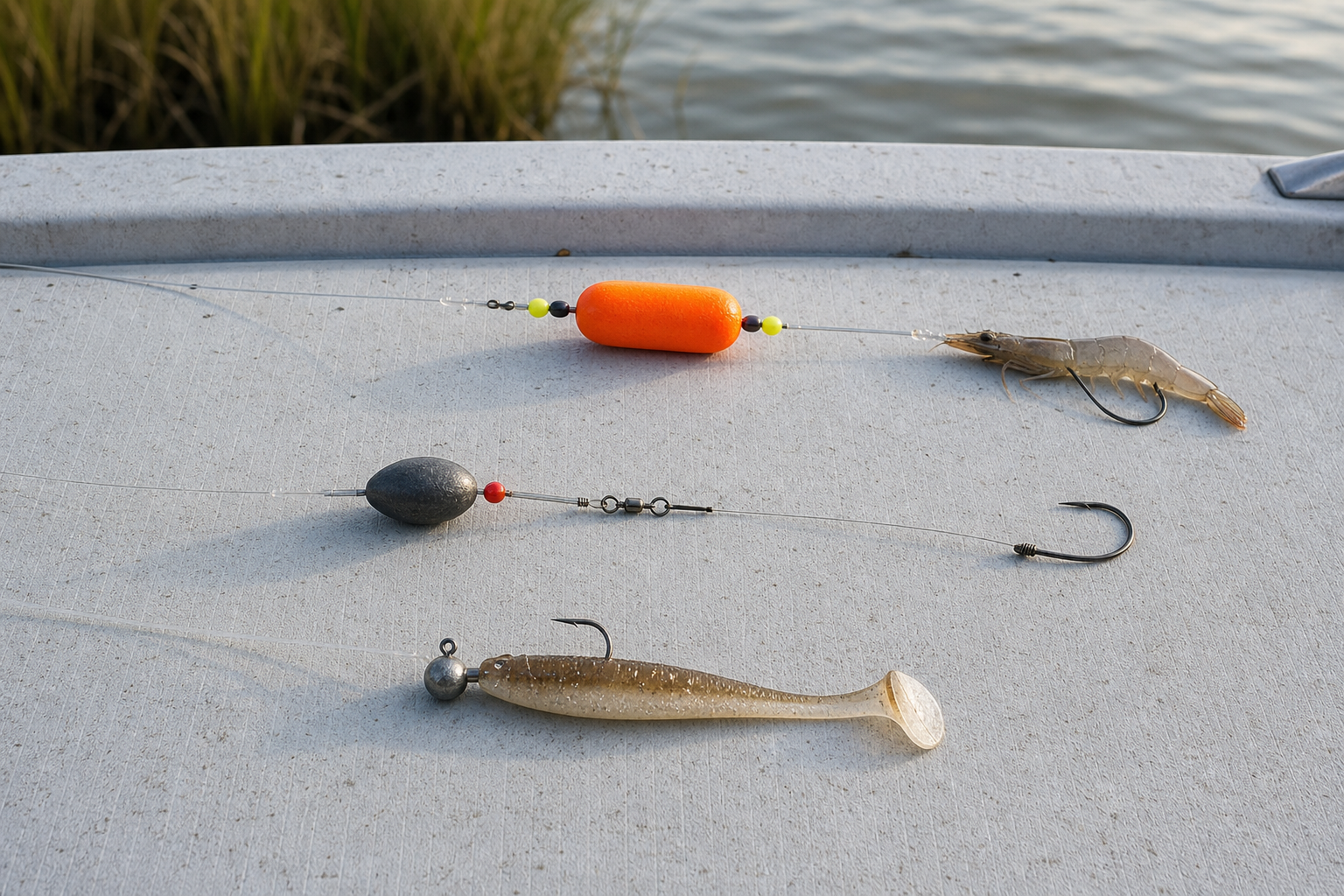 Photorealistic popping cork, fish-finder rig, and paddle-tail jig arranged on a boat deck