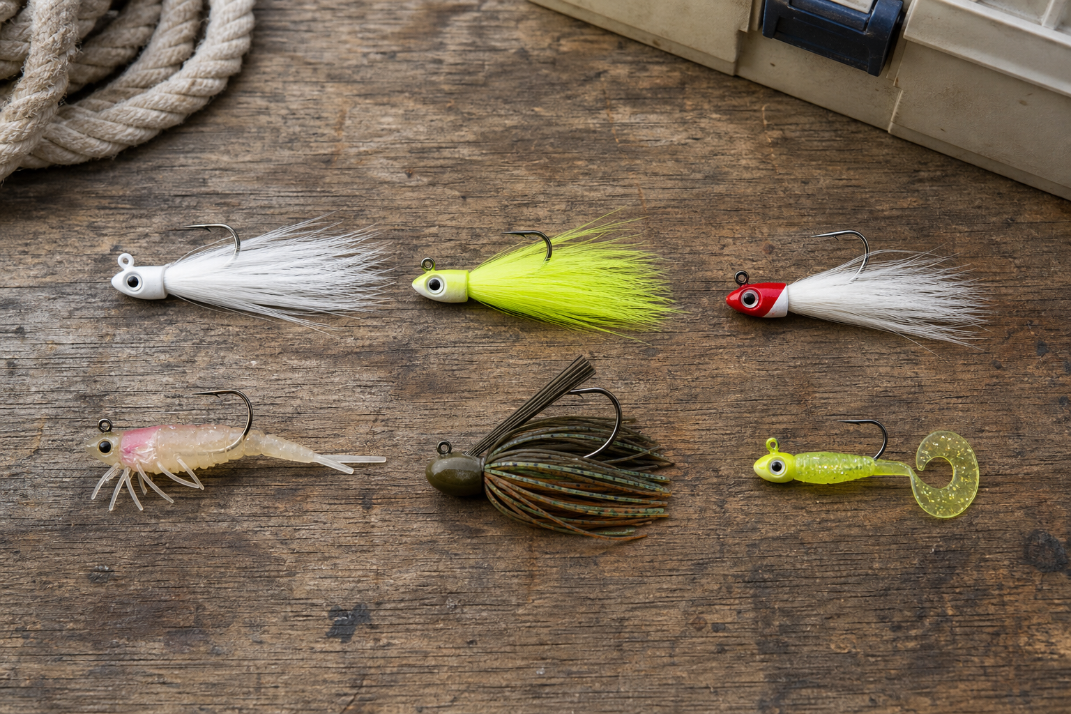 Photorealistic selection of bucktail, pompano, shrimp, bass, and crappie jigs on a wooden workbench