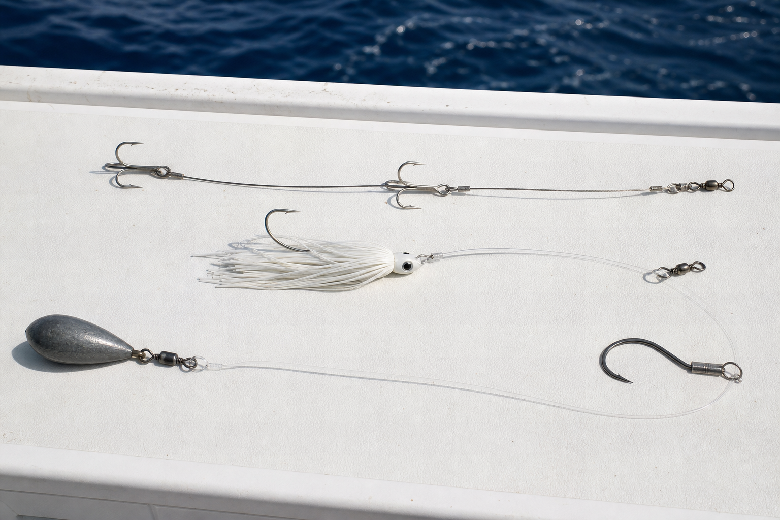 Photorealistic king mackerel stinger rig, cobia bucktail, and offshore bottom rig on a boat table