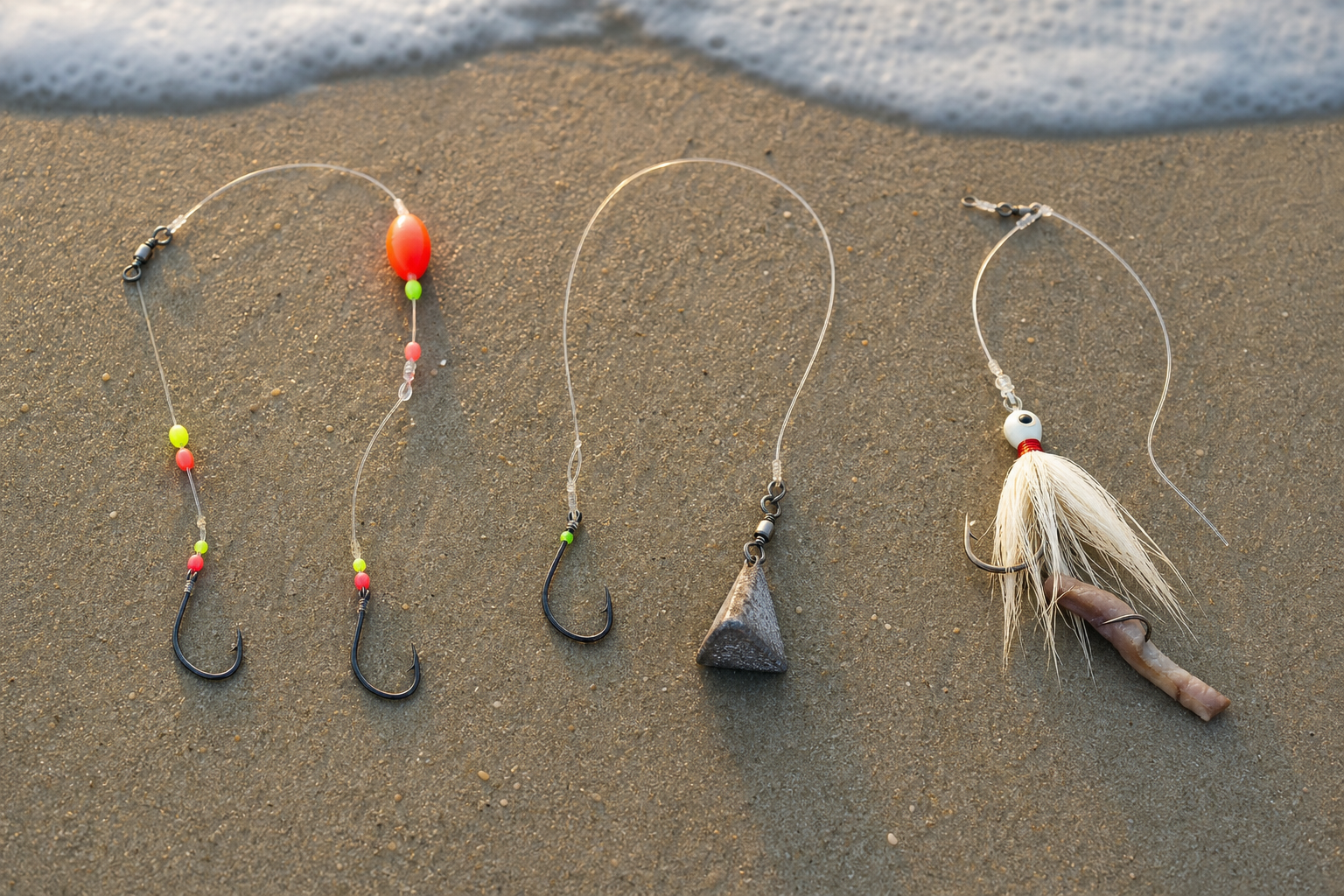 Photorealistic pompano rig, surf fish-finder rig, and bucktail jig arranged on wet beach sand