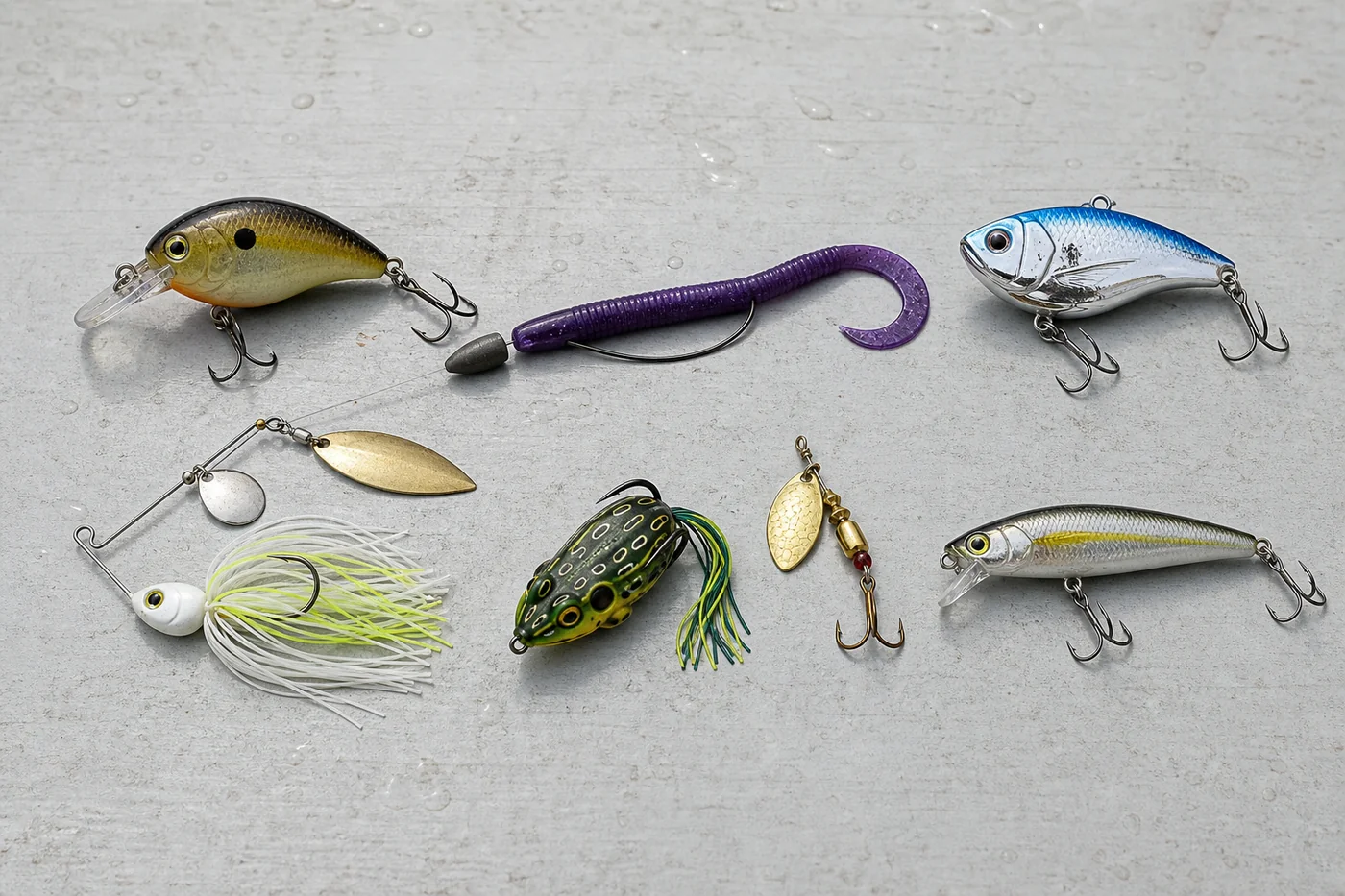 Photorealistic selection of freshwater crankbait, artificial worm, rattle bait, spinnerbait, frog, inline spinner, and jerkbait