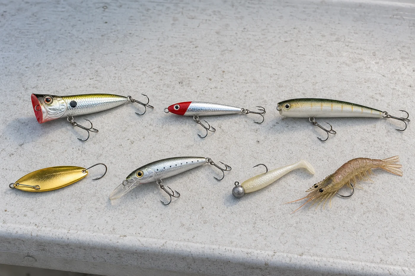 Photorealistic selection of saltwater popper, casting plug, walking topwater, spoon, diving plug, soft jerkbait, and shrimp lure