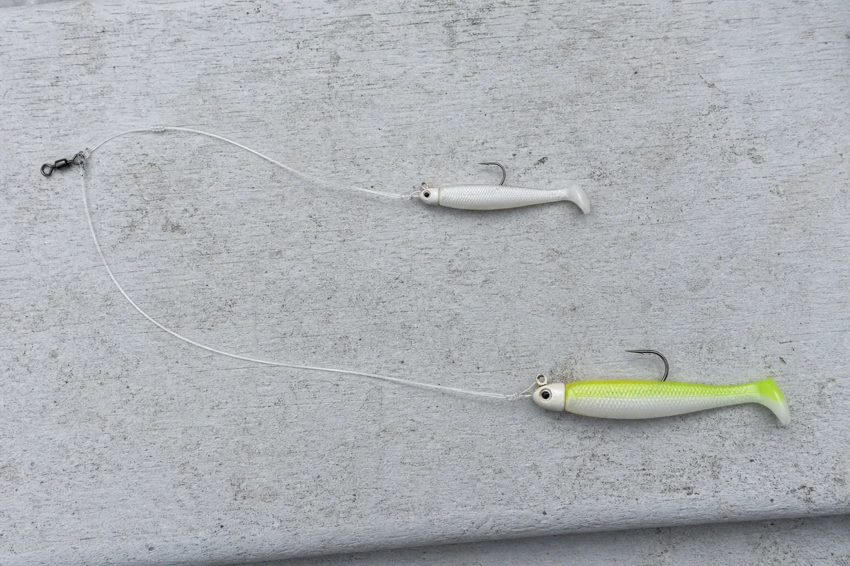 Tandem rig with two paddle-tail jigs on a short leader and a longer trailing leader