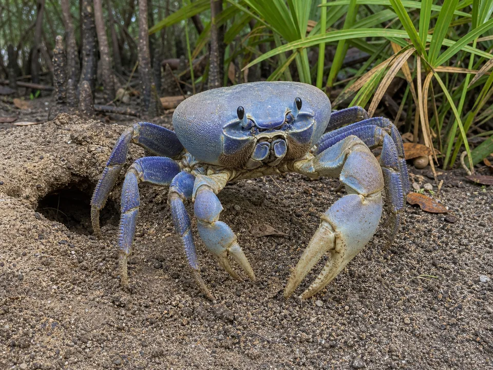 Adult blue land crab beside a sandy coastal burrow