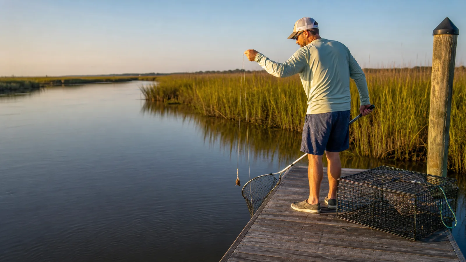 Crabber working a hand line with a dip net beside a recreational crab trap on a Northeast Florida dock